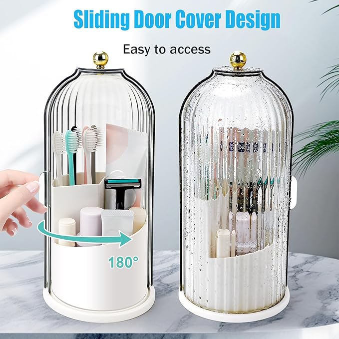 Concealed Toothbrush Holder, Rotating Bathroom Organizer Countertop, Toothbrush Holders with Cover, Bathroom Counter Organizer with Covered Makeup Brush Holder (1pcs Green)