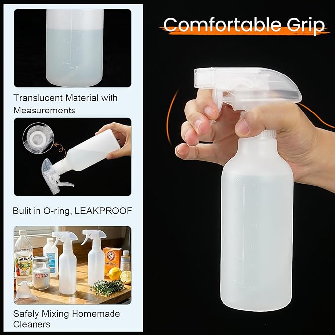 Spray Bottles 12oz HDPE Spray Bottle for Hair Mist/Stream Scale Empty Heavy Duty Refillable Containers for Cleaning Solutions, Plants, Vinegar 2 Pack (White, 12oz)