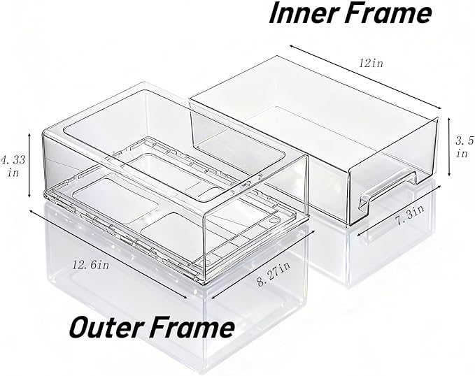 2 Pack Stackable Storage Drawers, Plastic Clear Organizer Bins with Handles for Undersink, Kitchen Cabinet, Fridge, Closet, Pantry, Office, Bathroom