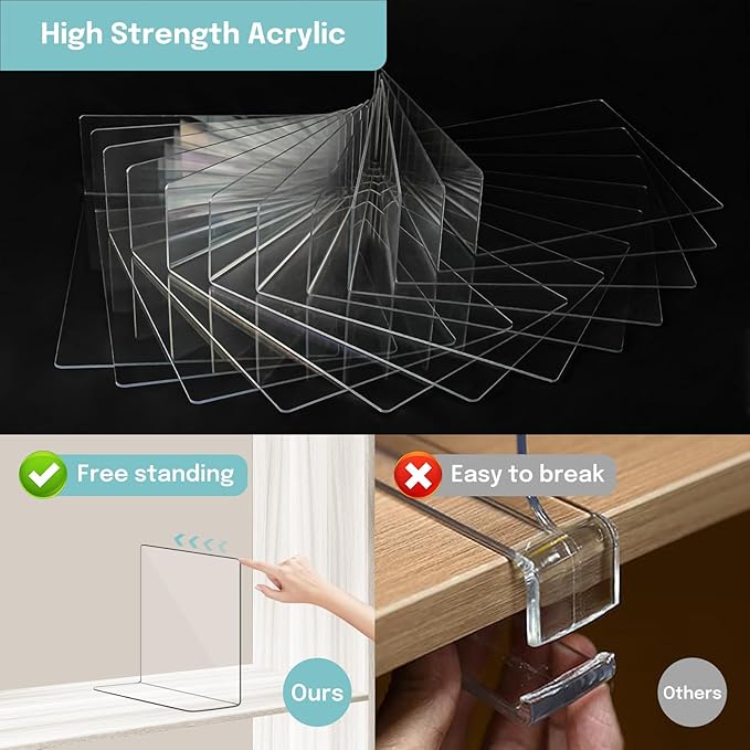 OKPOW Acrylic Shelf Dividers for Closet Organization: 12" Tall x 10" Deep Durable Clear Shelves Separators for Clothing Adjustable 12 Pack