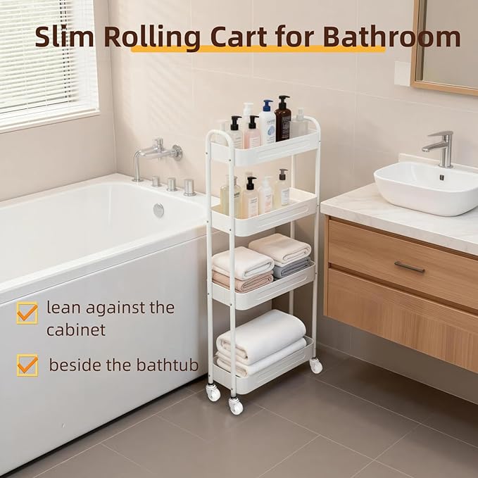 4 Tier Slim Kitchen Storage Cart for Narrow Space, 7.1'' Wide Metal Rolling cart with Wheels and Lockable Casters, Sturdy Mobile Thin Shelf for Laundry Room Between Washer and Dryer, White