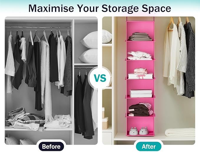 YOUDENOVA Hanging Closet Organizer, 6-Shelf Closet Hanging Shelves, Pink