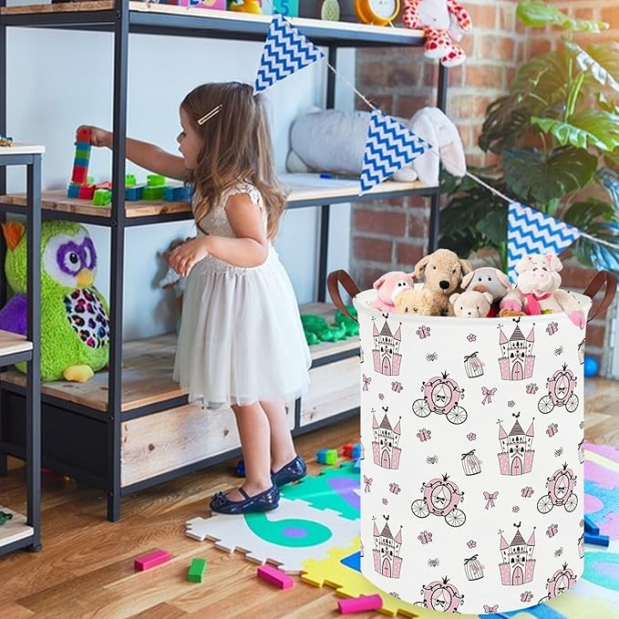 Princess Castle hamper,kids collapsible canvas waterproof girl storage box, Cute Kids Toy Storage Bin,Nursery Hamper,Toy Bins,Gift Baskets(Pink castle)
