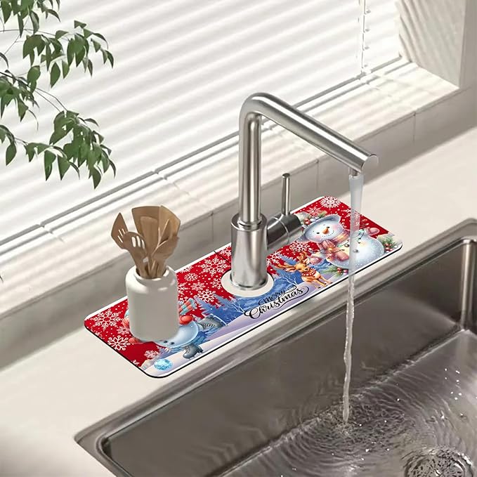 Chrismas Sink Splash Guard Faucet Mat Christmas Absorbent Fast Drying Mat Sink Gadgets Splash Guard Behind Faucet Drip Catcher for Kitchen Bathroom 15.5"X5.5"