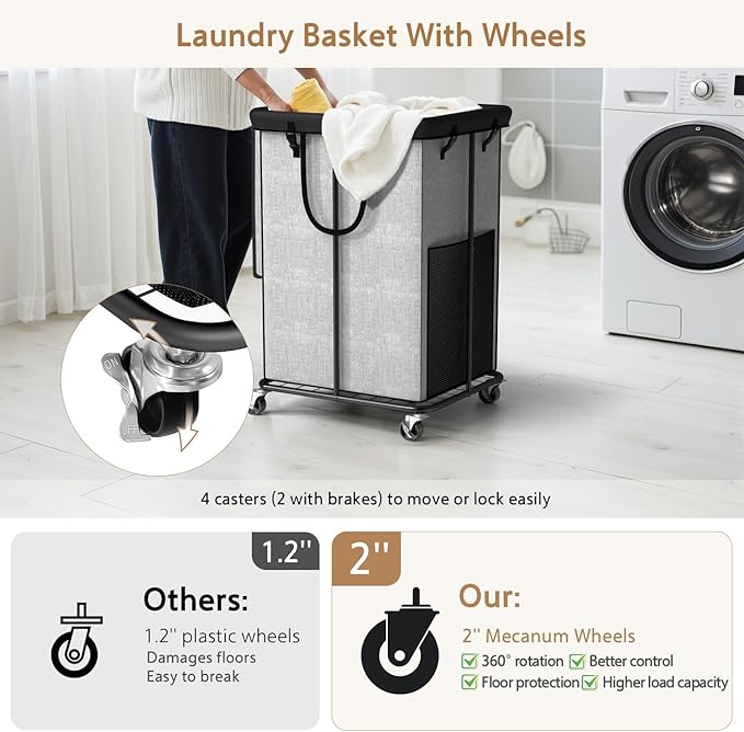 40 Gal Large Laundry Hamper with Lid, Rolling Laundry Basket with Wheels, Oxford Fabric Dirty Clothes Hampers with Removable Laundry Bag & Metal Frame for Bedroom, Laundry Room, Bathroom, Dorm(Grey)