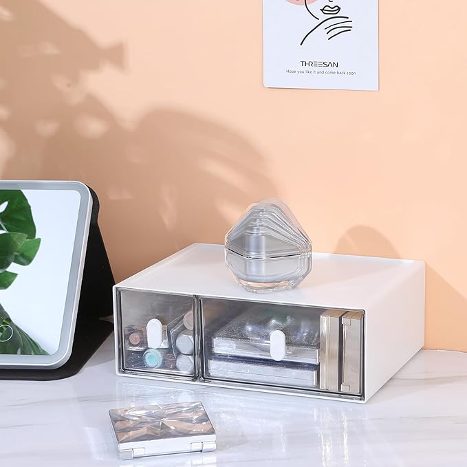 Desktop Storage Drawers, Plastic Desk Organizer with 2 Drawers, Modular Stackable Toolbox Units for Office Stationary, Makeup Container, Bathroom Countertop (Tall Layer, White & Clear)