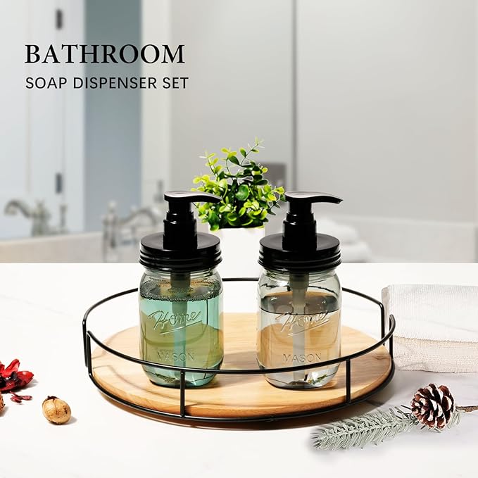 Amolliar Plastic Mason Jar Soap Dispenser with Pump Lid,16OZ Refillable Hand Soap Dispenser Set with Cute Lables, Farmhouse Decor for Kitchen Bathroom, Liquid Soap, Dish Soap (2 Pack, Black)