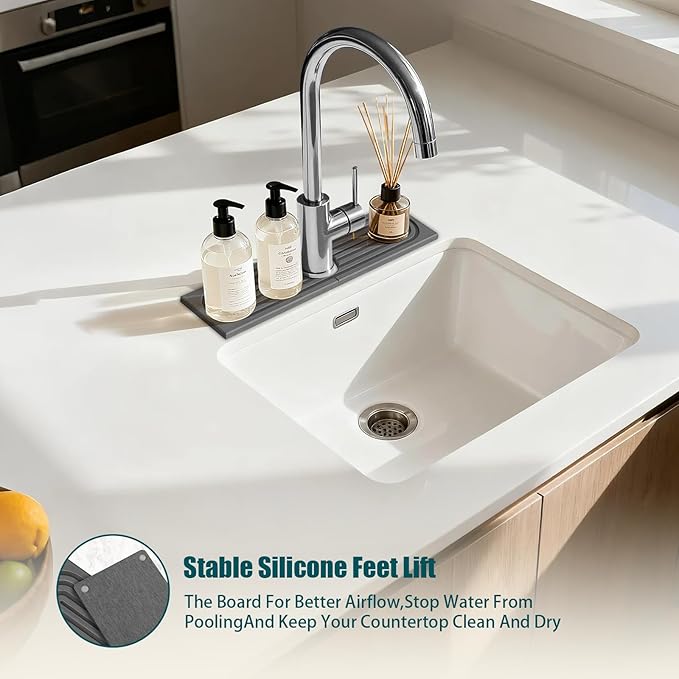 Stone Sink Mat for Kitchen - Water Absorbent Stone Tray, Quick Dry Faucet Mat, Kitchen Sink Splash Guard,Sink Mat & Base Faucet Mat for Counter Protection[Grey, 15.7"x3.9"]