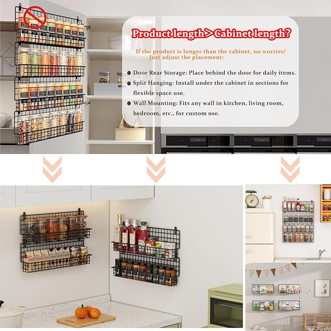 X-cosrack 4 Pack Spice Rack Wall Mount, Upgraded Connectable Seasoning Organizer for Space-Saving, Hanging Spice Storage for Cabinet/Pantry Door (Patent:USD909138S)