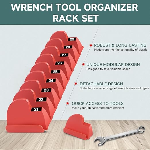 48PCS Tool Magnetic Wrench Organizer,Customizable Magnet Modular Tool Organizer for Tool Drawers - Wrench Rack with Metric&SAE Labels-Perfect Tool Storage Holder-Ideal Gift Choice(Red with Magnets)