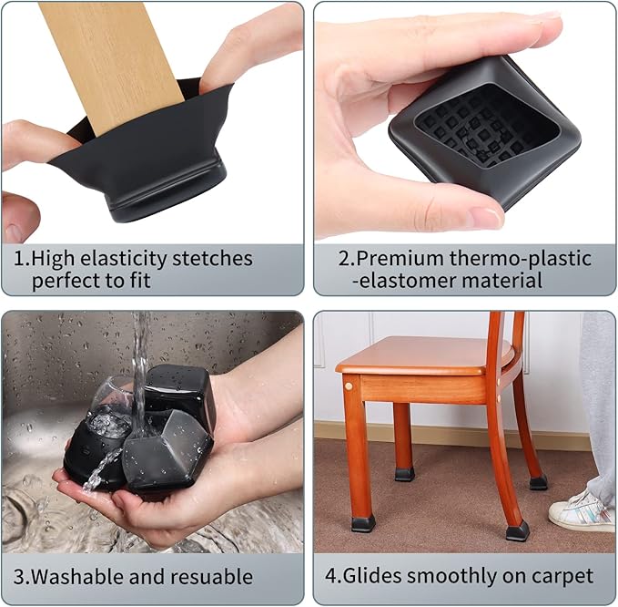 Ezprotekt 8 Pcs Chair Sliders for Carpet, Square Carpet Teflon Furniture Pads, Chair Glides for Carpet, Bar Stool Leg Protectors Caps, Furniture Sliders for Table, Chair, Sofa Legs (XL Fit: 1.5" - 2")