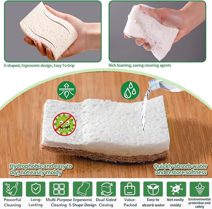 Sponges Kitchen Natural Dish Sponge Plant-Based Biodegradable Compostable Cellulose with Coconut Scrubber Sponge Non Scratch Eco Friendly Kitchen sponges for Kitchen Dishes（Pack of 16）