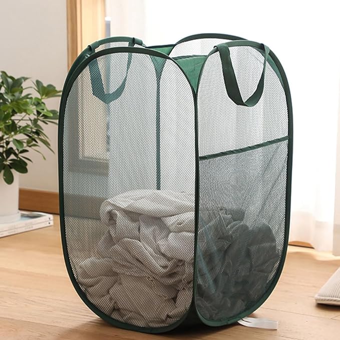 Pop Up Laundry Basket, Collapsible Mesh Laundry Hamper, Vertical Popup Hamper for Laundry, Spacing Saving Storage Basket for Bedroom, Hotel, Cruise, Green