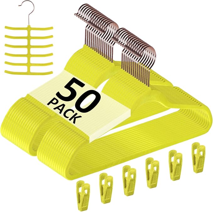 VECELO Premium Velvet Clothes Hangers Suit Heavy Duty (50 Pack)-Non Slip & Space-Saving with 6 Finger Clips & Tie Rack Excellent for Men and Women,Light Yellow