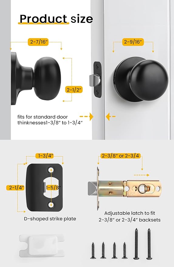 Goldenwarm Black Closet Door Knobs, Passage Door Knobs, Matte Black Door knob Without Lock for Hallway, Closet(1 Pack)