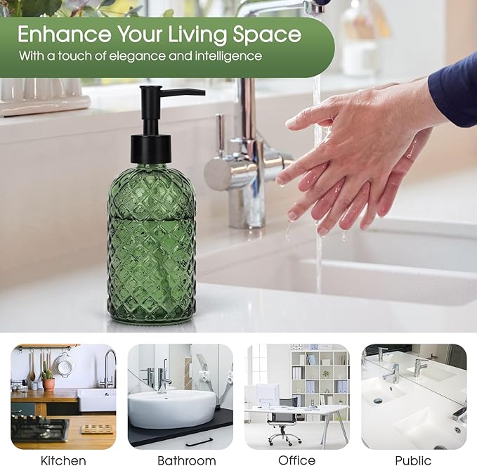 2 Pack Gem Glass Soap Dispenser with Black Plastic Pump, 13oz Liquid Hand Soap Dispenser, Rustproof Pump for Kitchen & Bathroom, Great for Lotions, Essential Oil, Liquid Soaps-Army Green