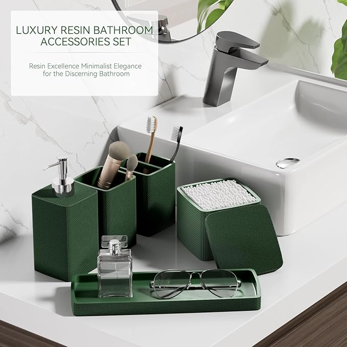 Dark Green Bathroom Accessories Set 5 Pieces, Resin Toothbrush Holders Set Complete with Soap Dispenser, Toothbrush Holder, Vanity Tray, Bathroom Tumbler and Qtip Holder for Small Spaces