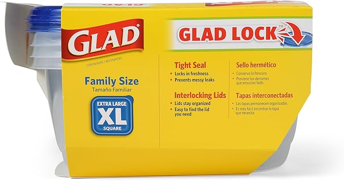 Glad GladWare XL Square Food Storage Containers, Family Size Meal Container with Lock Tight Seal for Leftovers and Meal Prep, Reusable and Dishwasher Safe, 104 Oz, 3 Count