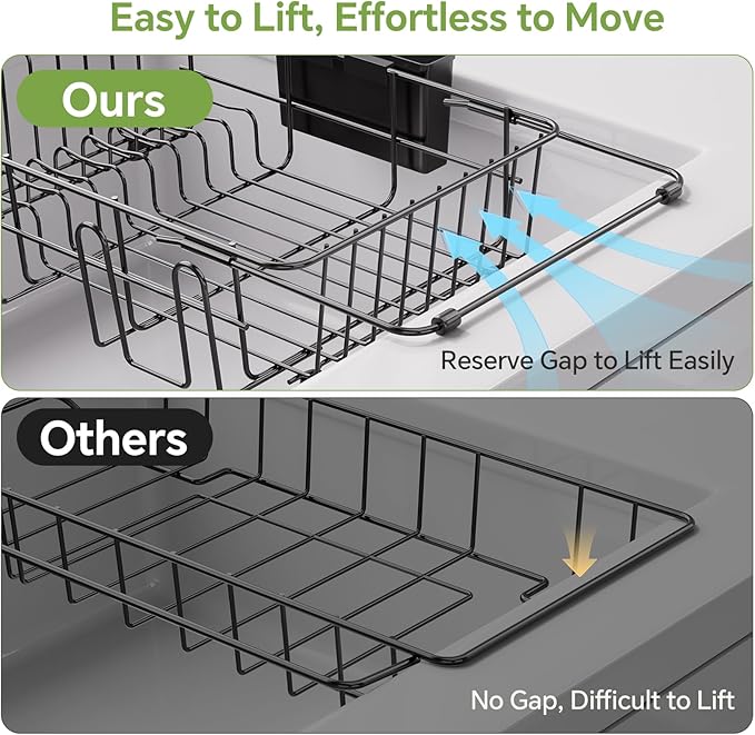 Simple Trending Expandable Dish Drying Rack in Sink, Adjustable Dish Drainers for Kitchen Counter, Inside Sink, Over The Sink with Utensil Holder, Black