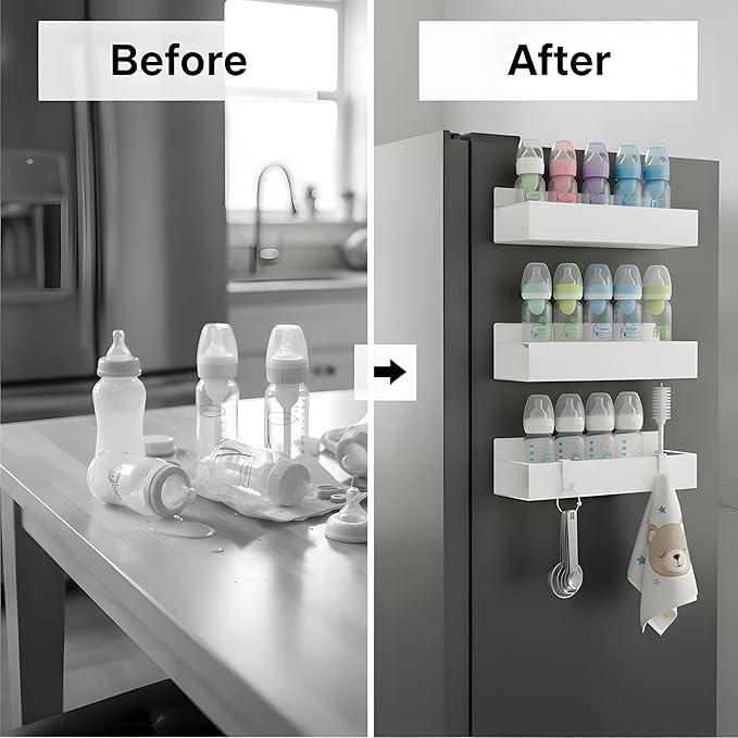 MGY 3Pack Magnetic Baby Bottle Organizer for Refrigerator,Space-Saving Storage for Baby Bottles, Metal Shelf with 4 Hooks,Station Organizer for Bottles