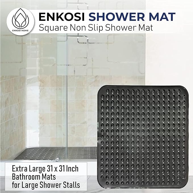 ENKOSI Extra Large Square Non Slip Shower Mat - 31 x 31-inch XL Bathroom Shower Mat - Square Shower Matts for Shower Stall Floors | Secure Suction Cups and Drain Holes (31x31 Clear Brown)