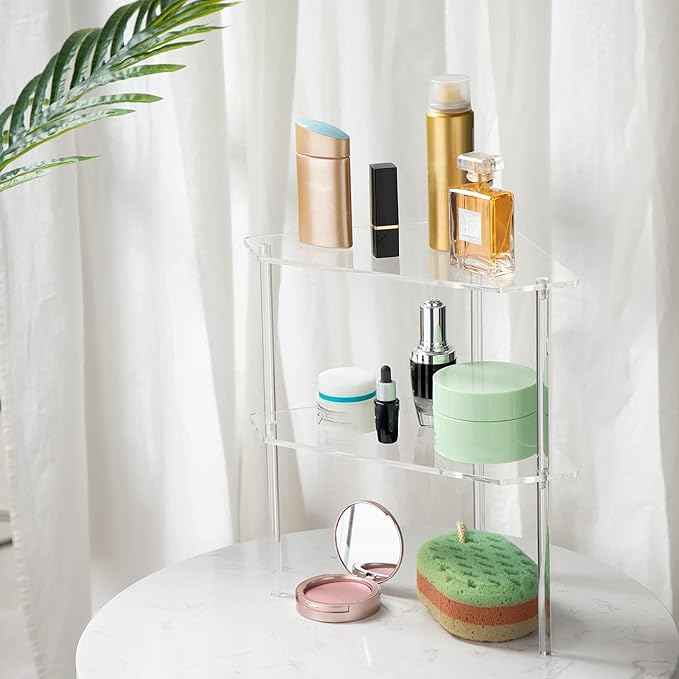 Jetec 2 Tier Corner Bathroom Organizer Countertop Shelf Acrylic Bathroom Table Organizer Vanity Tray Sink Stackable Clear Shower Corner Vanity Shelf for Kitchen Toilet Makeup Storage