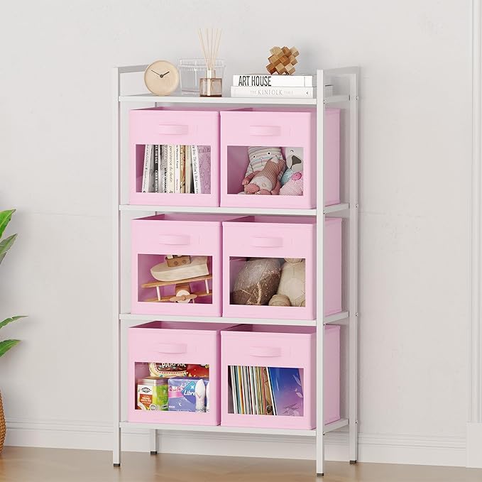 SpaceAid Storage Cubes with Clear Windows, Set of 6 Fabric Bins, 11 Inch Foldable Baskets Boxes for Closet, Cubby Shelf or Cube Storage Organizer, Pink