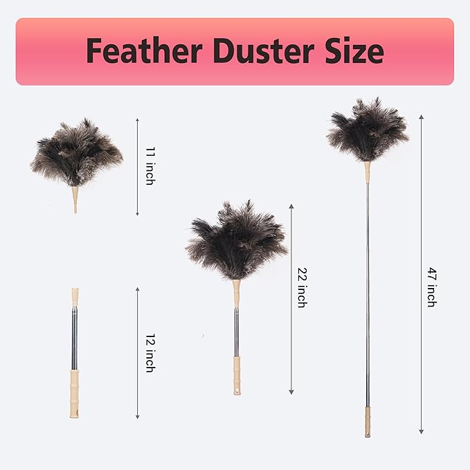 Extendable Ostrich Feather Duster, Natural Ostrich Feathers Long Handle Duster for Cleaning, 47” Soft & Fluffy Feather Duster for High Ceilings, Fans, Walls, Furniture, Home Dusting