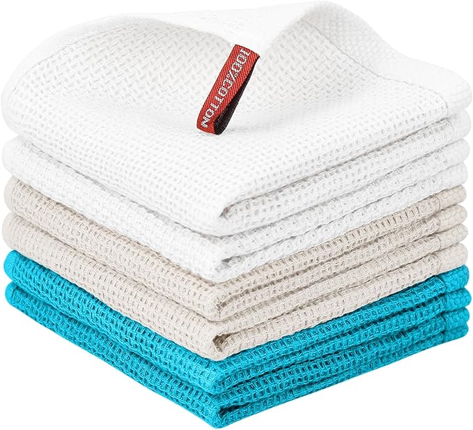 Nialnant 100% Cotton Kitchen Dish Towels,Waffle Weave Dish Cloths for Washing Dishes,Soft Absorbent Dish Rags,Quick Drying Cleaning Rags-12x12 in, 6 Pack