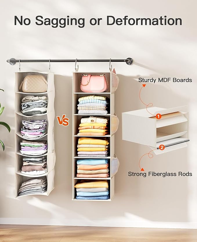 Pipishell Hanging Closet Organizer 6-Shelf, Hanging Shelves for Closet with 3 Removable Drawers & Side Pockets for Bedroom, Garment Rack and Wardrobe Organization, 12' x 12' x 43.3', White