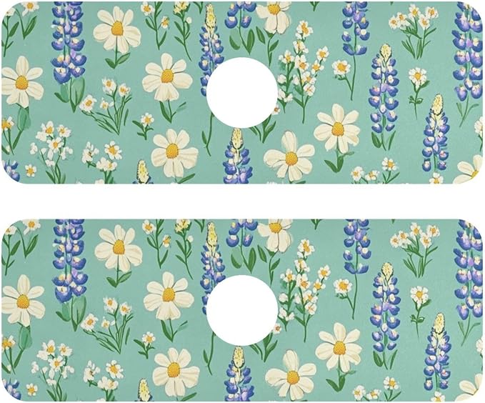 Kitchen Sink Splash Guard 2 PCS 14.7 Inch Sink Faucet Mat Splash Guard for Bathroom Countertop Water Absorbent Foldable Cuttable Soft Washable Cute Green Bluebonnet and Daisies