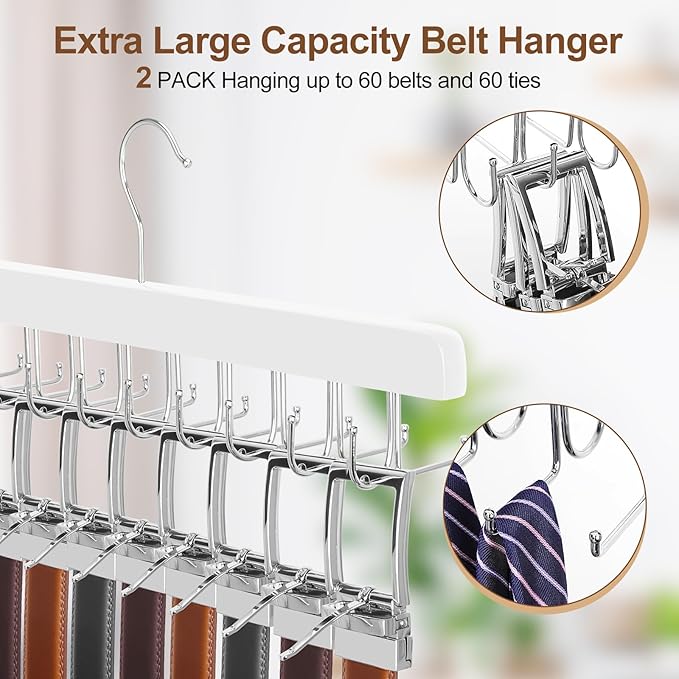 TOPIA HANGER 20 Hooks 2 in 1 Belt Tie Hanger for Closet Max 30 Belts with 30 Ties Capacity, Belt Tie Racks Wooden Hanger for Closet Organizer Storage “U” Fit for Belt and “一” Fit for Tie - CT47W