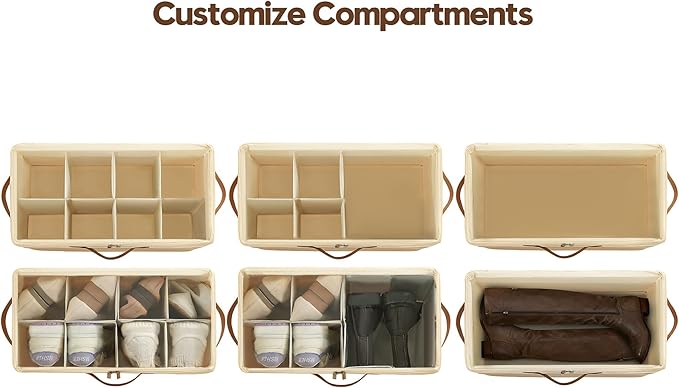 Varhomax Shoe Organizer Box 2 Pack for Closet,Small Fabric Shoe Storage Bin with Adjustable Dividers & Clear Cover, Saving Space Sneakers & Sandals Containers for Entryway, Cubby
