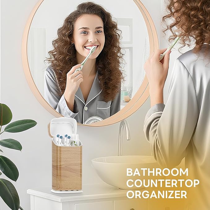GFWARE Toothbrush Holders with Cover - Electric Toothbrush Length Less Than 9 inches, 5 Slots Tooth Brush Holder for Bathroom, Detachable Toothpaste Holder Bathroom Organizers with Drainage, Wood