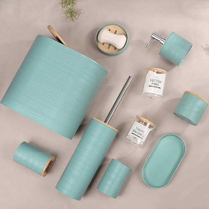 IMAVO Bathroom Accessory Set-11Pcs Blue Bathroom Accessories Set with Trash Can,Soap Dispenser,Soap Dish,Toothbrush Holder,Toothbrush Cup,Toilet Brush Holder,Qtip Holder Dispenser with Labels