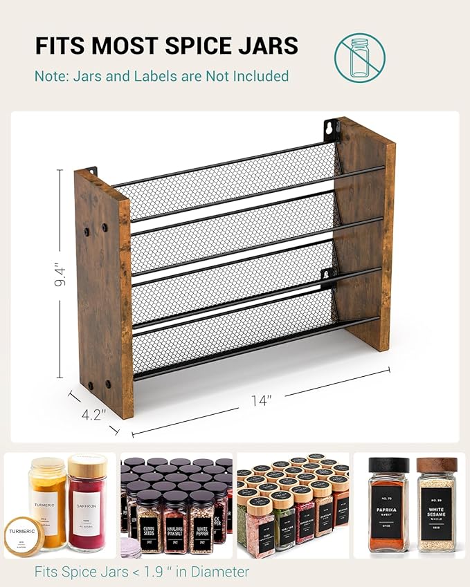 NESAPTO Spice Rack Organizer for Cabinet, Wooden 4 Tier Vertical Seasoning Organizers for Kitchen Pantry, Countertop/Wall Mount, Holds 28 Spice Jars (No Jars Included), 14" W × 9.4" H