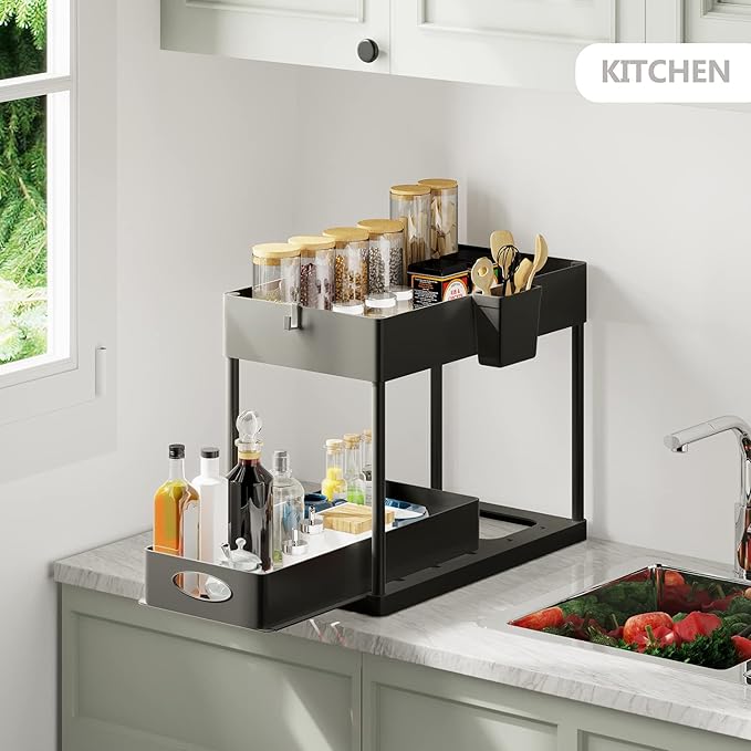 Under Sink Organizers and Storage, Bathroom Cabinet Organizer, Sink Shelf with Utility Hooks and Side Caddy for Under Cabinet Storage | Under Kitchen Sink Organizer with Sliding Drawer, Black (2-Pack)