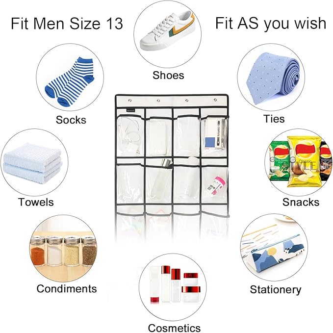 TidyMaster 2 Pack Extra Large Hanging Crystal Clear Over Door Shoe Organizers, Closet Shoe Rack Organizer, 12+6 Pockets, 8 Hooks, White (59" x 21.6")