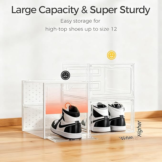 Pinkpum Upgraded Hard Shoe Storage Box 6 Pack X-Large Fit Size 12, Thicken & Sturdy Clear Plastic Stackable Shoe Organizer Box Closet, Sneaker Storage Display Case Holder Bins with Magnetic Door Black