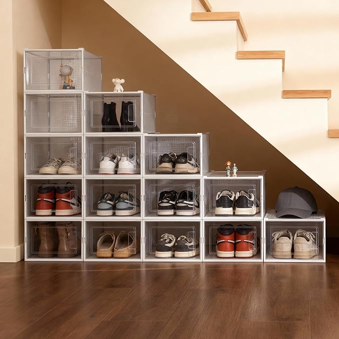Shoe Storage Boxes, Stack Without Toppling Modular storage boxes combine freely for use in closets, under beds, hallways, and entryways. Space-saving. (Transparent, 6 Pack)