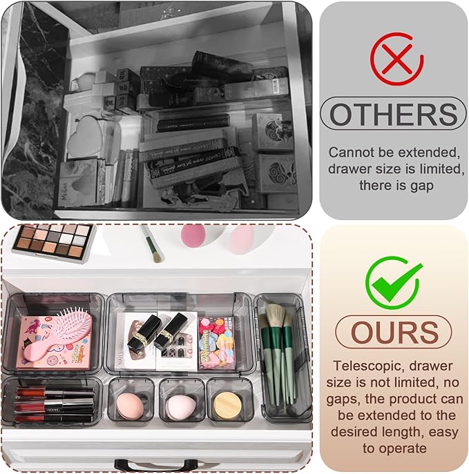 14 Pcs Clear Drawer Organizer, Adjustable Drawer Storage Box, 3-Size Desk Drawer Organizer, Acrylic Storage Bins for Makeup, Kitchen Utensils, Bedroom Dressers Tool Organizer for Gadgets, Black