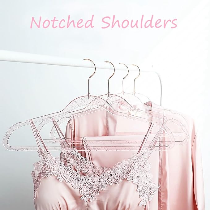 Pink Clothes Hangers 16", 20 Pack Plastic Clear Coat Hanger for Adult Closet, Durable Bling Ganchos de Ropa with Swivel Hook, Notched Shoulders & Ultra-Thin Space Saving Laundry Hanger for Dress Suits