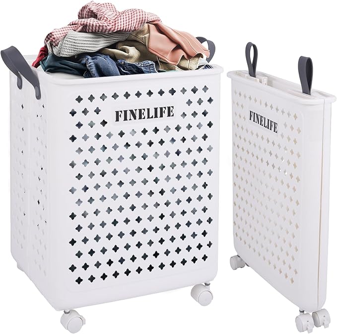 63L Collapsible Laundry Basket with Wheels and Handle, Plastic Foldable Laundry Hamper, Versatile Portable Storage Basket, Space Saving Dirty Clothes Laundry Hamper for Laundry and Bathroom