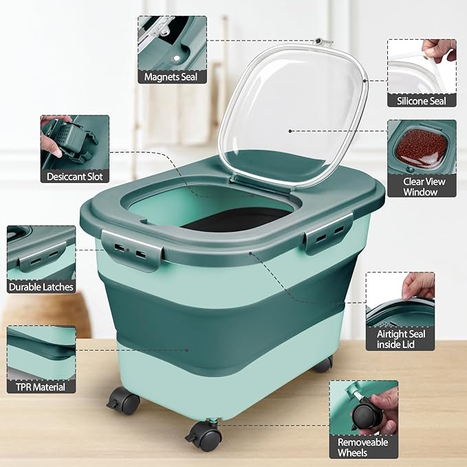 Dog Food Storage Container, 10-20Lbs Collapsible Pet Food Storage Containers with Rolling Wheel Airtight Locking Lid, Dry Food Storage Bin with Cup and Scoop,Suitable for Pet Food, Flour, Rice