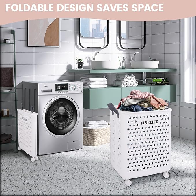 63L Collapsible Laundry Basket with Wheels and Handle, Plastic Foldable Laundry Hamper, Versatile Portable Storage Basket, Space Saving Dirty Clothes Laundry Hamper for Laundry and Bathroom