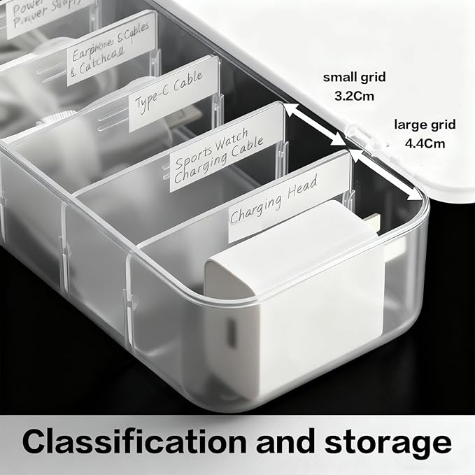 Cord Organizer Box with Lid, 7 Compartment Cable Management with 7 Wire Ties, Dustproof Cable Storage Box for Office & Home, Wire Hider for Computer Desk, Charger Cables, Power Cords (2pack)