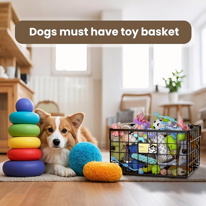 Metal Dog Toy Bin Storage Box with Handles for Puppy and Pet - Personalized Large Chew Proof Dog Toy Basket Organizer for Living Room