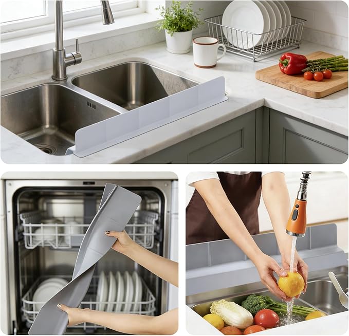 Kitchen Sink Splash Guard 23", Silicone Sink Protectors for Kitchen with High Anti-Spill Lip, Flexible Waterproof Edge Shield, Self-Draining, Easy Install & Wipe Clean, Gray