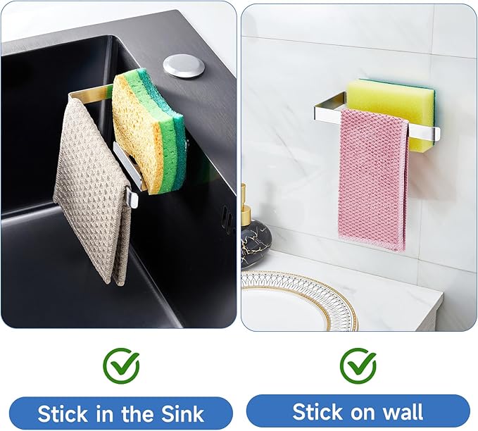 Sponge and Dish Cloth Holder for Kitchen Sink, 2 in 1 Adhesive Sink Dish Sponge Holder, Sinks Caddy Organizer Rack for Storage Sponges Scrubber Glove and Brush, Silver