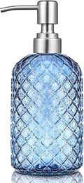 Blue Glass Soap Dispenser Gem Patterned with 304 Stainless Steel Pump 18 oz for Kitchen Dish Soap and Bathroom Hand Soap Bottle